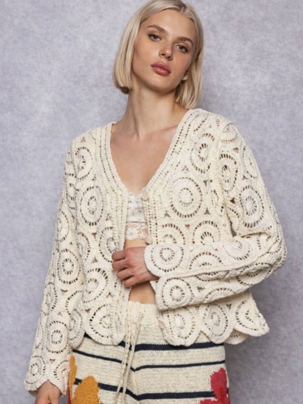 POL Cream Scalloped Crochet Knit Cardigan Boho Button Front Cotton Sweater OS